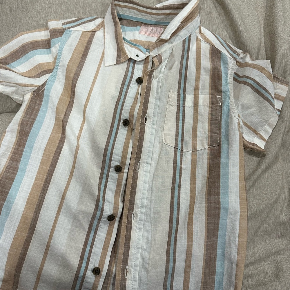 Cat & Jack Kids' Striped Button Down Shirt - White, Brown, Blue